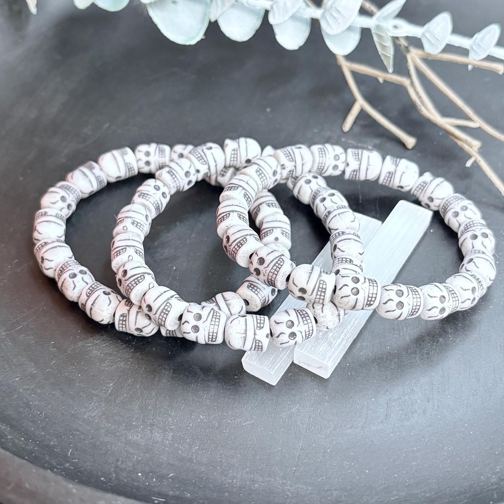 Set of 3 Skull Bracelets | White Bead | Stretch | Gothic | Spooky‎ Witchy